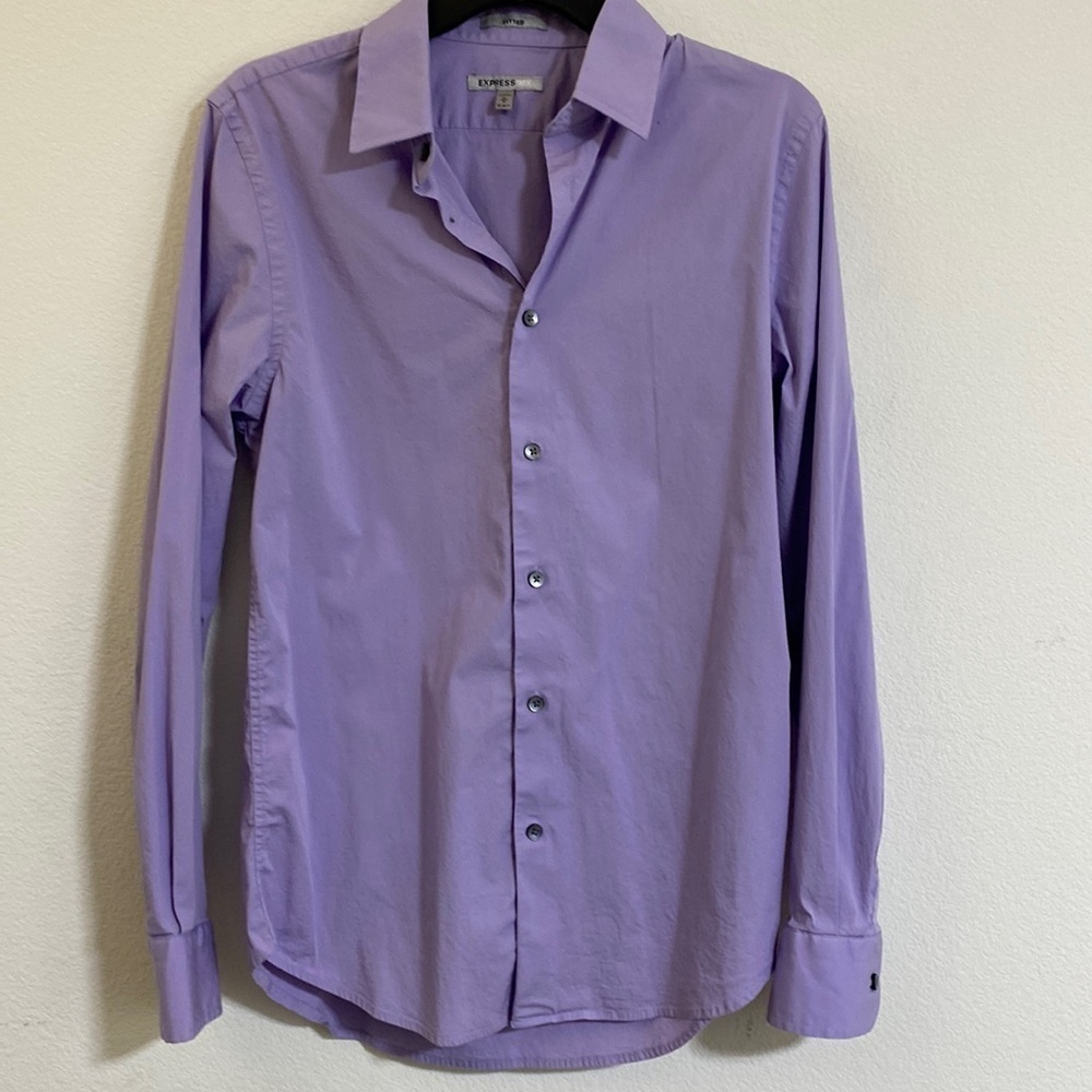 Express Men's Medium Long Sleeve Button Lavender Fitted Shirt with Stretch
